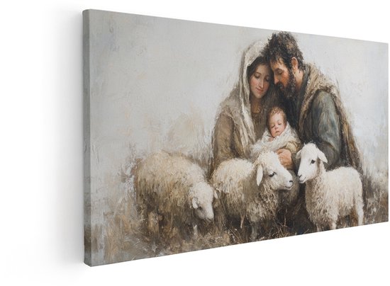 Artaza Canvas Schilderij Maria En Jozef - 60x30 cm - Wanddecoratie Schapen - Muurdecoratie Bijbel - Kamer Accessoires Geloof