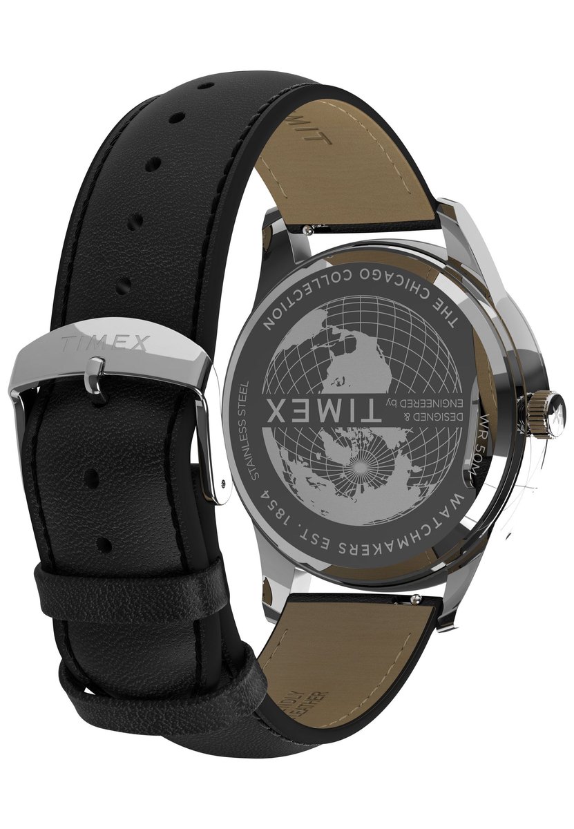 Timex Chicago Quartz Analoog Horloge Zilverkleurig Kast: 100% Roestvrij Staal | Armband 100% Leer 45 mm TW2Y21600AJ