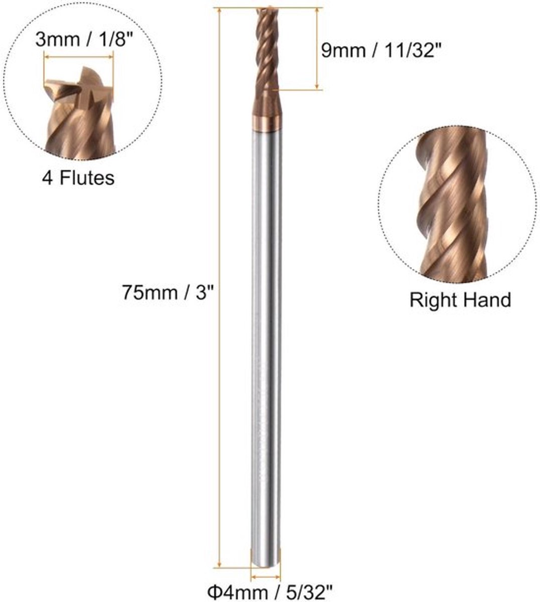 Vierkante hardmetalen frezen 3 mm diameter 4 mm schacht 75 mm extra lang Hrc55 wolfraamcarbide 4 snijfrees aluminium koper metaal.