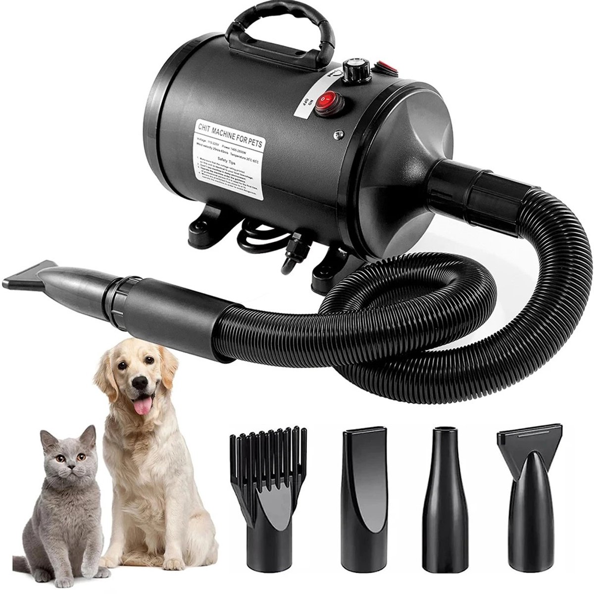 DoneMore® - hondenföhn - huisdier droger - krachtige blower - stille werking - 3800 W - zwart - slang 270 cm