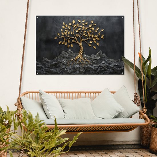 Affiche de jardin 120x80 cm - Décoration de jardin Feuilles - Or - Arbre - Roche - Affiche pour le jardin - Décoration extérieure - Tableau de jardin clôture - Toile de jardin décoration murale - Décoration murale toile de balcon