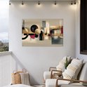 Poster de jardin abstraite 120x80 cm avec formes dorées, beiges, noires et rouges, suspendue à un mur blanc sur un balcon avec des fauteuils.