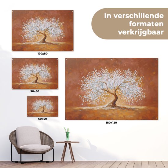 Poster de jardin 120x80 cm - Décoration de jardin Abstrait - Arbre - Blanc - Feuilles - Poster pour le jardin - Décoration extérieure - Tableau de jardin pour clôture - Toile de jardin décoration murale - Décoration de balcon