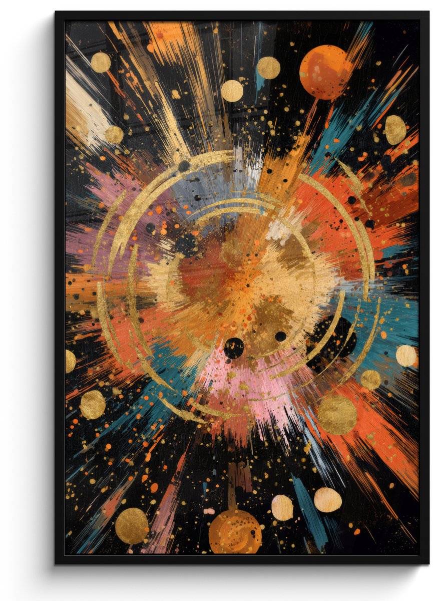 FrameYourWall Poster in lijst - Fotolijst 80x120 cm - Posters - Explosie - Verfstructuur - Goud - Abstract - Posterlijst zwart - Decoratie - Wanddecoratie woonkamer - Muurdecoratie slaapkamer