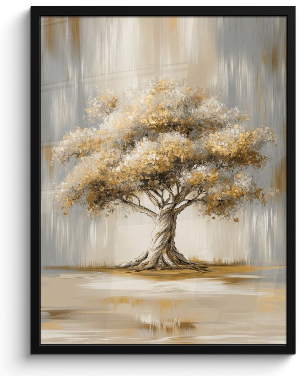 FrameYourWall Poster in lijst - Fotolijst 60x80 cm - Posters - Boom - Bladeren - Abstract - Wit - Posterlijst zwart - Decoratie - Wanddecoratie woonkamer - Muurdecoratie slaapkamer
