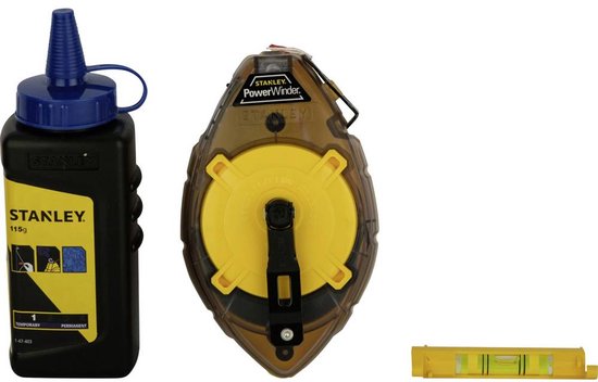 Set bestaande uit een zwarte Stanley krijtpoederfles, een gele PowerWinder slaglijnmolen en een gele waterpas.