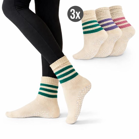Ensemble de chaussettes de yoga 3 paires – Antidérapant – Haut - Bas à porter – One Size – Chaussettes Pilates - Fitness