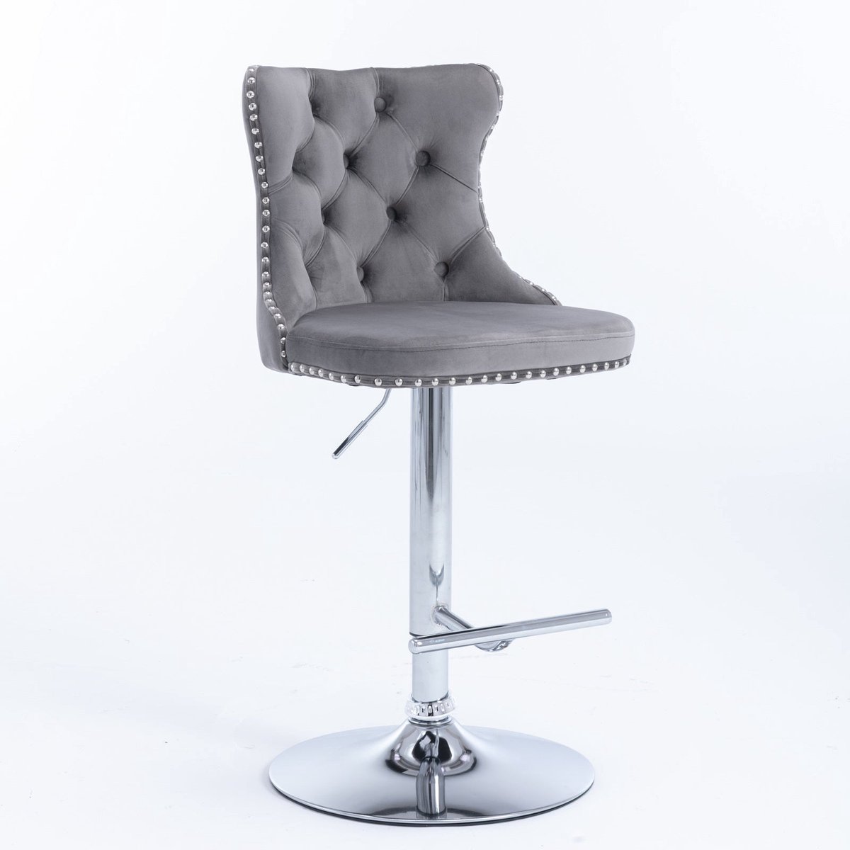 Merax Draaibare Barstoelen Set Van 2 - Verstelbare Zithoogte 63-84 Cm - 360° Draaibaar - Fluwelen Stof - Gecapitonneerde Rugleuning Met Siernagels - Chroomkleurige Voet - Grijs