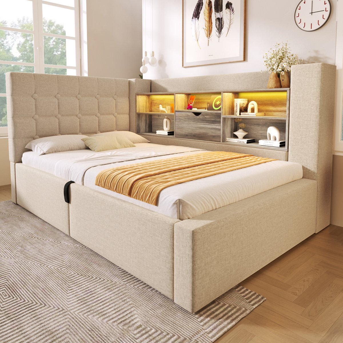 STILVORA Gestoffeerd bed 90x200 cm – Eenpersoonsbed Met LED en Oplaadpoorten – Hydraulische Opbergruimte – Linnen – Beige – Zonder matras