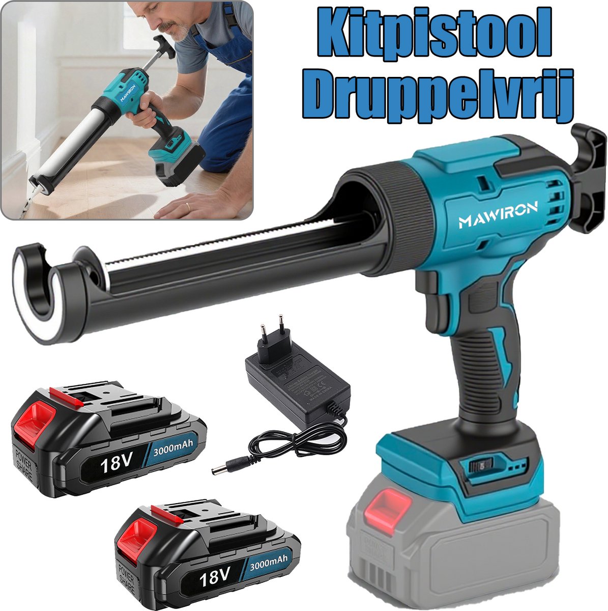 Draadloze kitpistool anti-druppel kitpistool met LED-verlichting, kitgereedschap met instelbare snelheden, voor voegwerk, inclusief batterij en lader