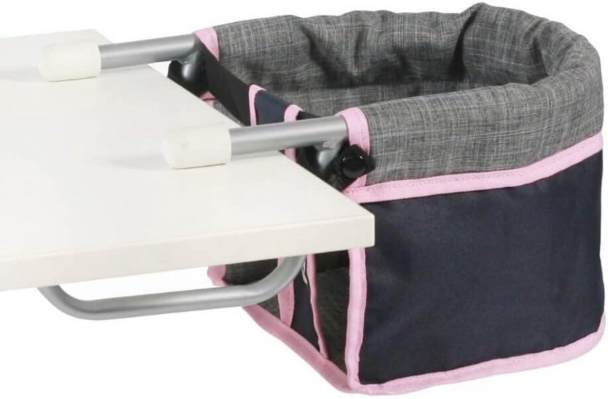 Poppenstoel 60 cm met veiligheidsgordel – compact formaat 42x26x20 cm – grijsmelange met marineblauw