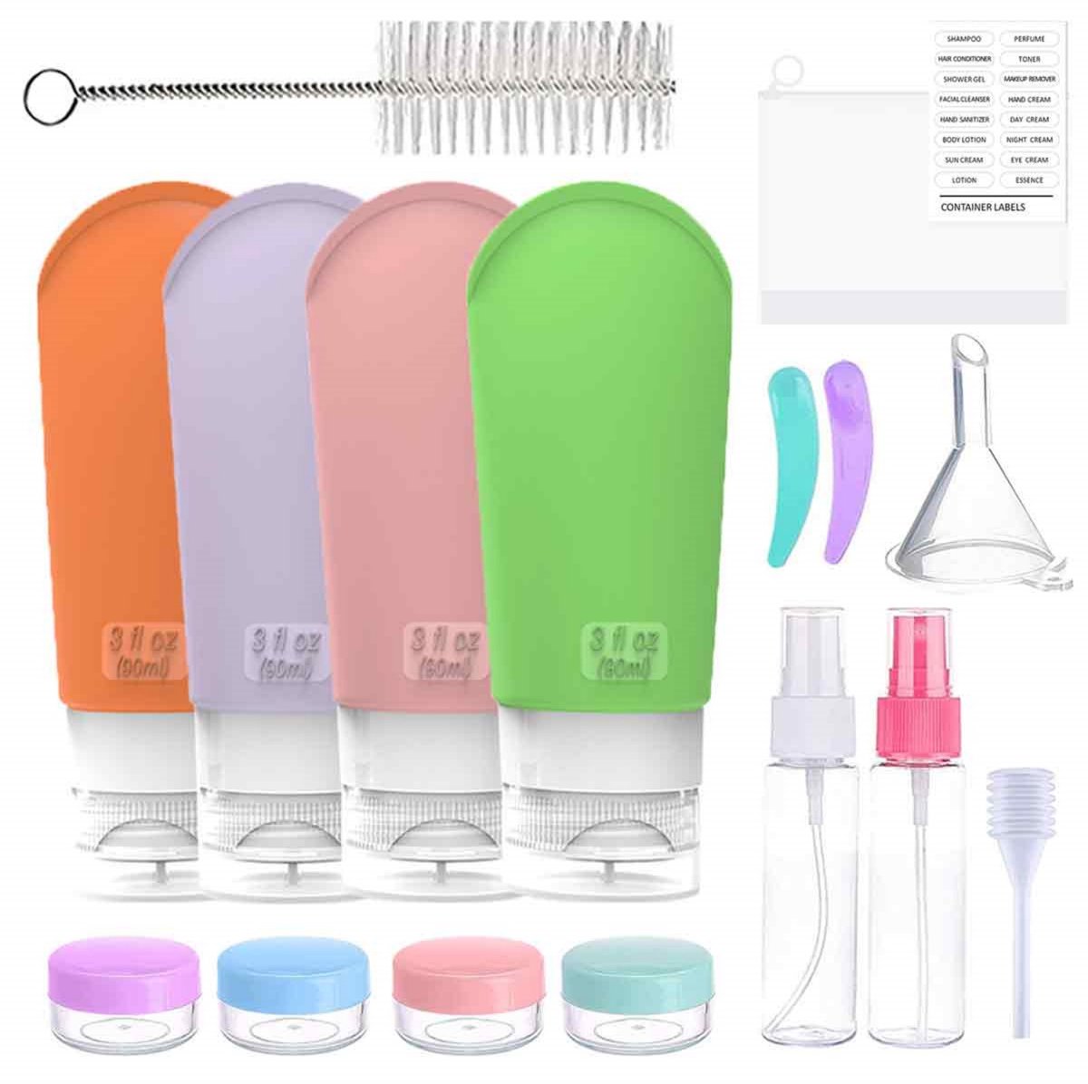 QTTVBTNA Reisflesjes met Etui – 17 Stuks – 90ml Siliconen Reisflacons - reisaccessoires - Lekvrij – Herbruikbaar