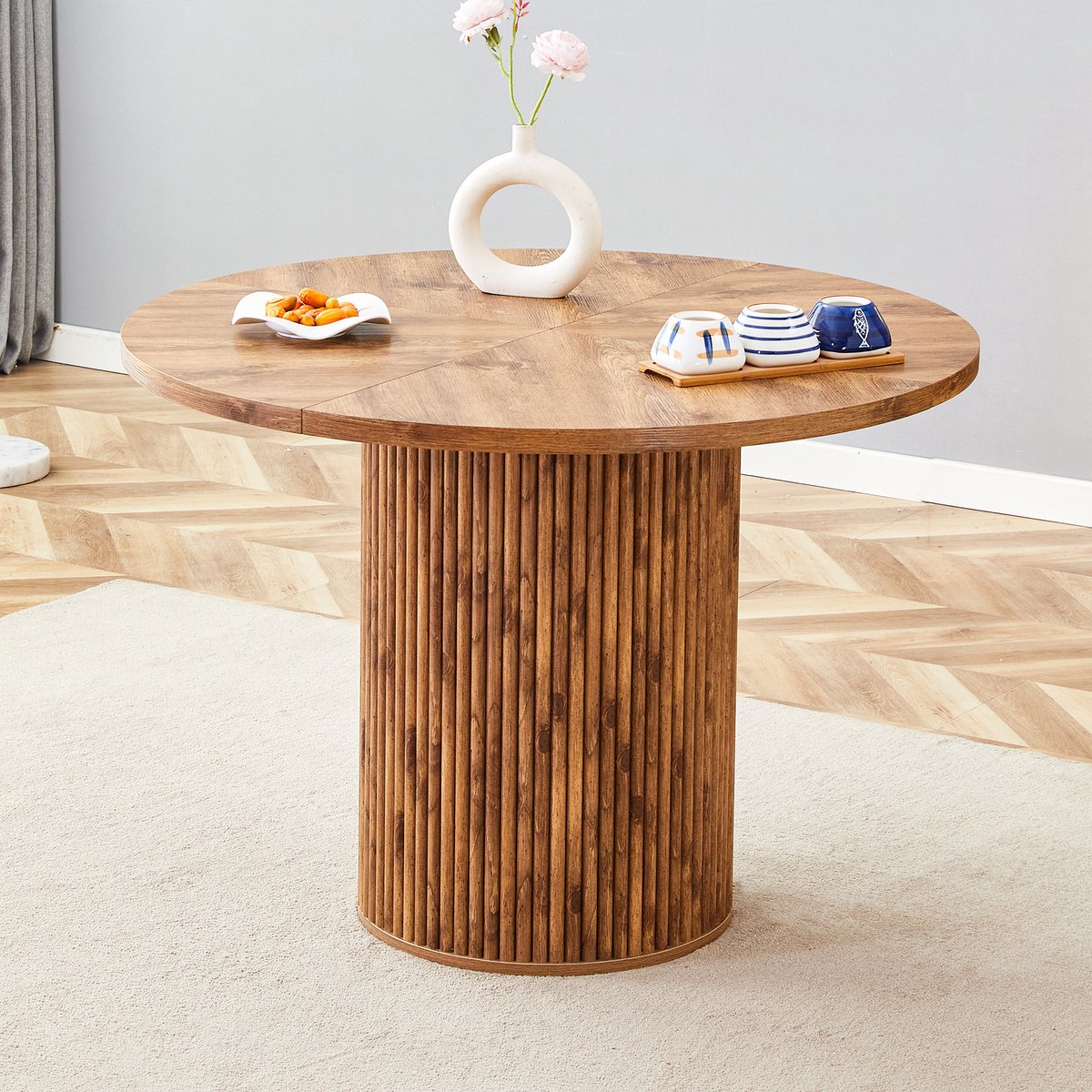 PHOEBE CAT Eettafel - Rond - Diameter 100 cm - Houtnerf - MDF - Opbergruimte - Bruin
