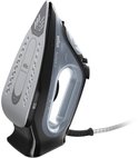 Zwart en grijs Braun TexStyle 3 stoomstrijkijzer met transparante watertank en zilveren strijkzool.