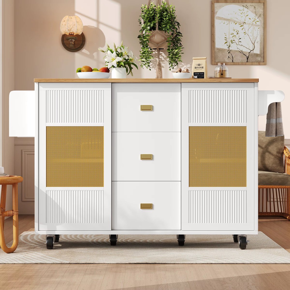 Keukeneiland - Verplaatsbaar - Keukenkast - Dressoir - Organizer - Kasten - Houten Werkblad - Wit