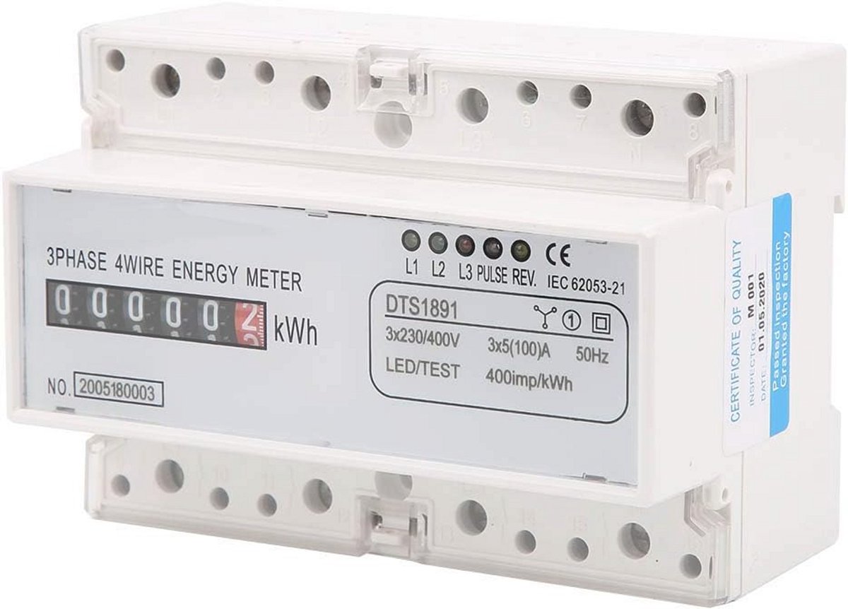 Digitale Driefasige Energiemeter 230/400V – 5-100A, Nauwkeurige Stroommonitor voor Thuis en Appartement