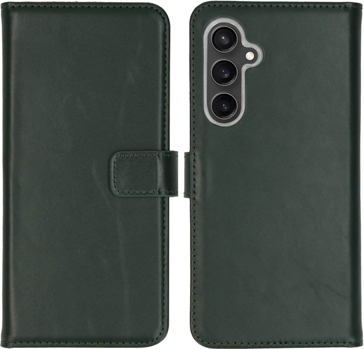 Selencia Hoesje - Geschikt voor Samsung Galaxy S23 FE - Echt Lederen Bookcase - Groen