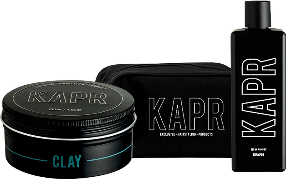 The Exclusive Hairstyle Deal KAPR Clay 135 ml en shampoo 250 ml incl gratis toilettas