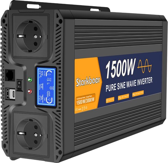 1500W Zuivere Sinus Omvormer 12V naar 230V met LCD Afstandsbediening, USB en Type-C Aansluitingen voor Auto, Caravan en Camping