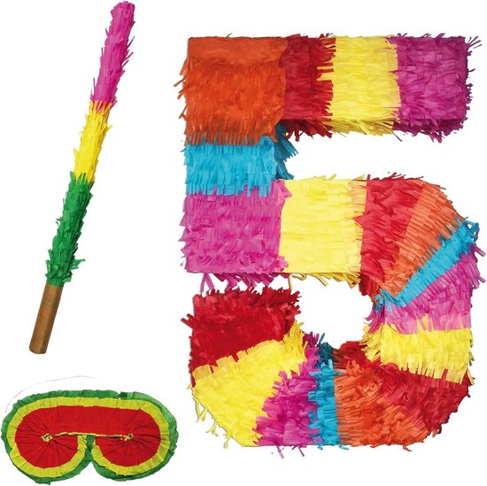 Relaxdays pinata stok en blinddoek, 50 cm lang, voor kinderen & volwassenen, accessoires set, van papier, kleurrijk