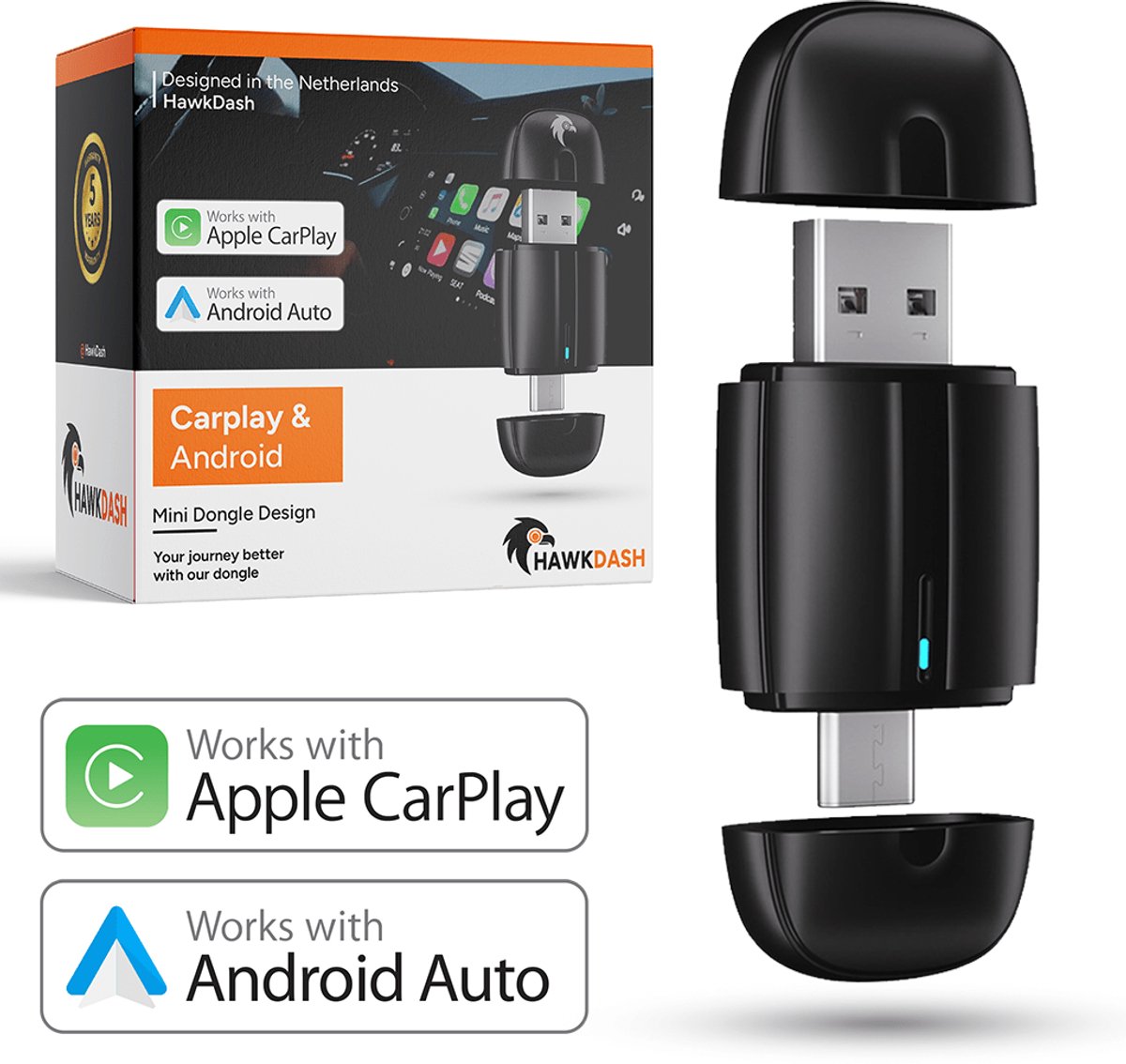 VCTparts® HawkDash Mini 2-in-1 Car Dongle - CarPlay Dongle - Android Auto Dongle - Draadloos CarPlay & Android Auto - Zwart