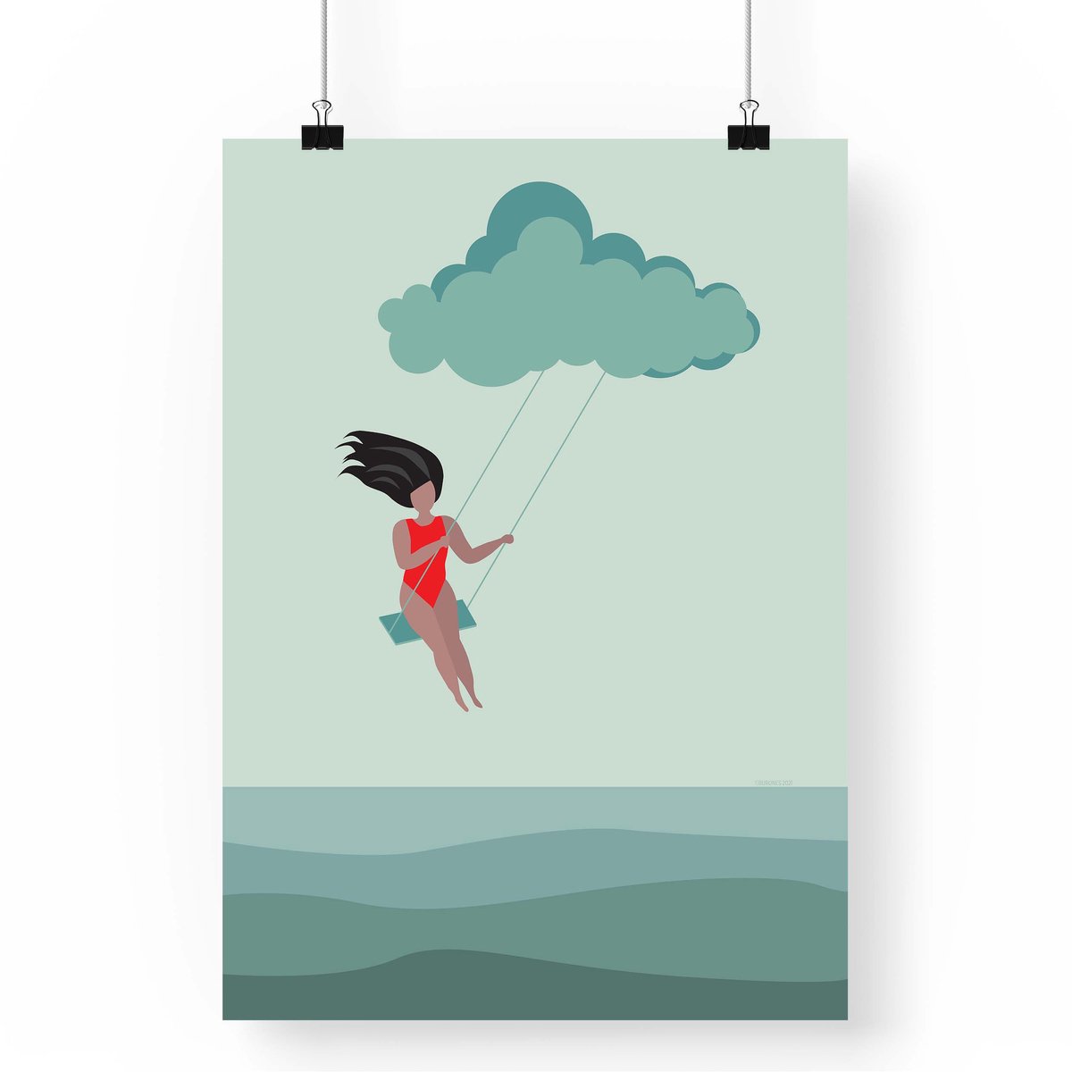 Artprint Wolkenschommel - Dromerige illustratie in A4 formaat - Poster met meisje schommelend in de wolken