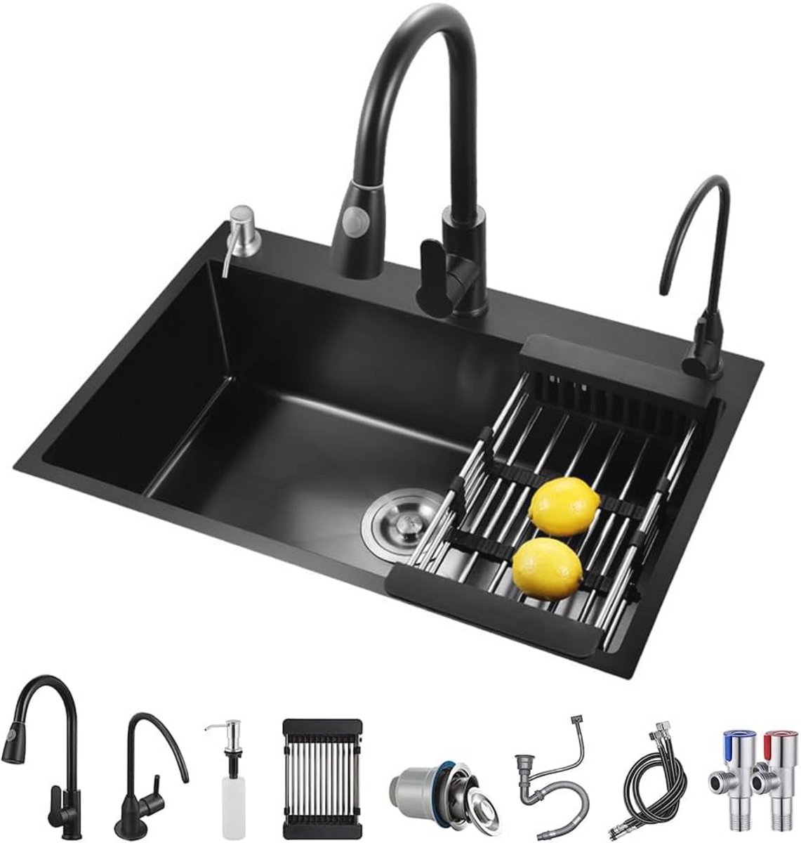Zwarte Roestvrij Stalen Gootsteen met Uittrekbare Accessoires - 1 Wastafel, 50 x 45 cm