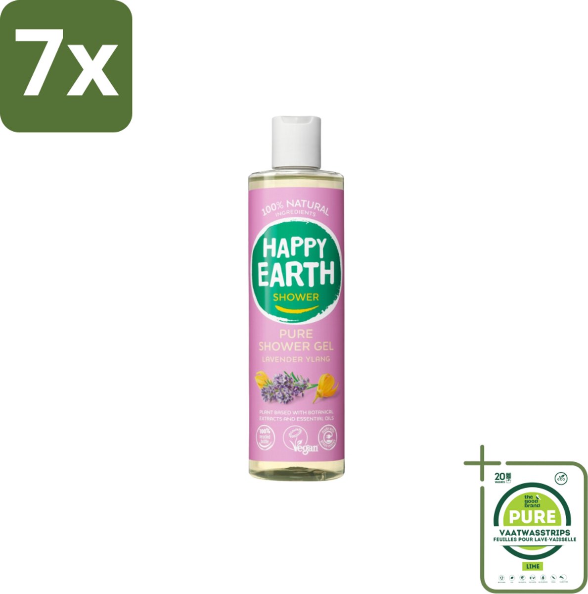 7 x Happy Earth – Douchegel – 100% Natuurlijk Lavender Ylang – 300 ml - Grootverpakking - Douche Gel - Natuurlijke Douche - Lavendel Douche - Ylang-ylang Douche - Vegan Douche