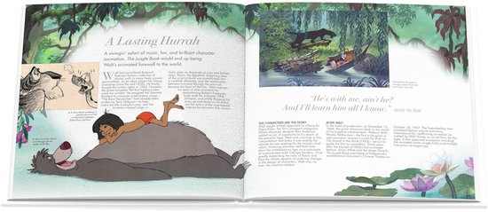 Een paginagrote illustratie van Baloo en Mowgli uit Jungle Book liggend op Baloo's buik.
