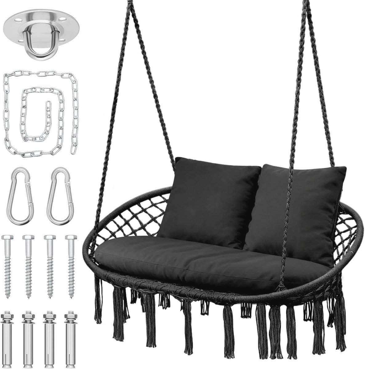 Hangstoel met Kussen - Boho Macramé Hangmat voor Binnen en Buiten, Capaciteit 350 kg