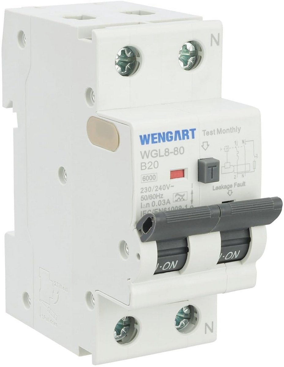 Aardlekschakelaar 230V 20A 1P+N met Aan/Uit-knop - Type A 30mA Koude bescherming voor Elektrische Apparaten