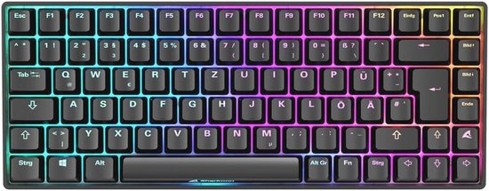 Un clavier 75% noir avec un ensemble complet de lettres, chiffres et symboles. Les touches sont éclairées par un spectre RVB arc-en-ciel.