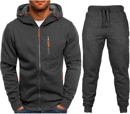 Donkergrijs trainingspak met capuchon, ritssluiting en oranje accenten