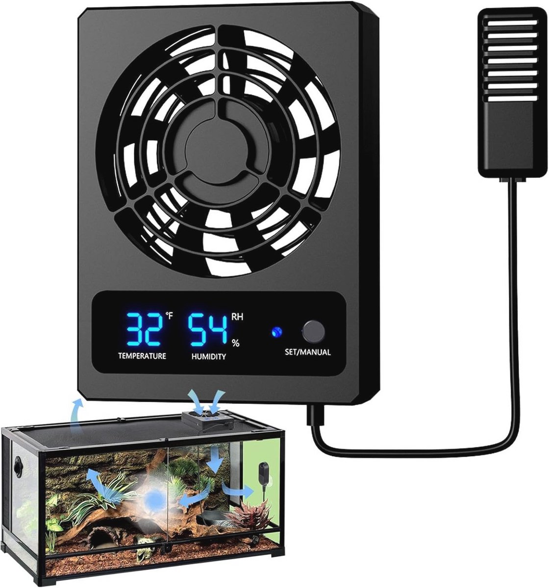 Ventilatieventilator voor reptielenbehuizing, snelheid verstelbare vochtigheid ventilator koelventilator behuizing vochtigheidsregeling luchtontvochtiger voor regenwoud terrarium vivarium amfibieën