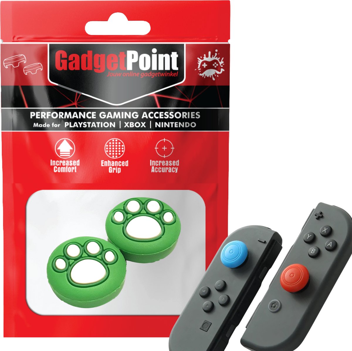 Gadgetpoint - Thumb Grips voor Nintendo Switch Joy-Con Controllers - Gaming Thumbgrips - Performance Anti-Slip Thumbsticks - Bescherming Accessoires - Pootjes - Groen met Wit