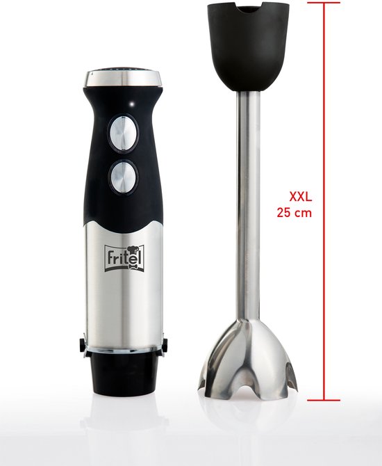 Zilverkleurige en zwarte Fritel staafmixer en losse staafmixeropzetstuk van 25 cm.