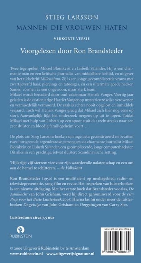 Achterkant van de audioboek "Mannen die vrouwen haten" van Stieg Larsson, met tekst over het verhaal en de verteller.