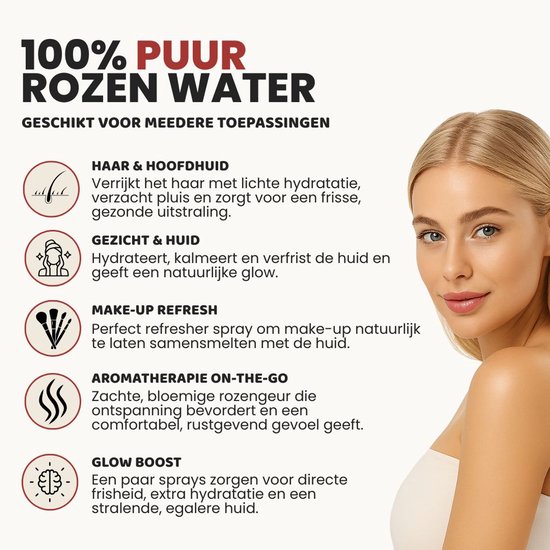 Model met blonde haren en een lichte glimlach, met icoontjes en tekst over rozenwater voor huid, haar en make-up.