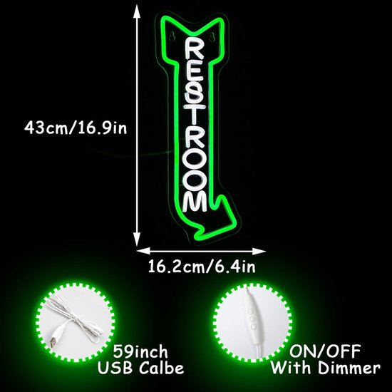 Daity 1 Pack - Badkamer neonlicht, wanddecoratie, toilet neon pijl LED neonbord, badkamer LED-bord, geschikt voor badkamers, hotels, bars (43*16cm) van Daity — afbeelding 3