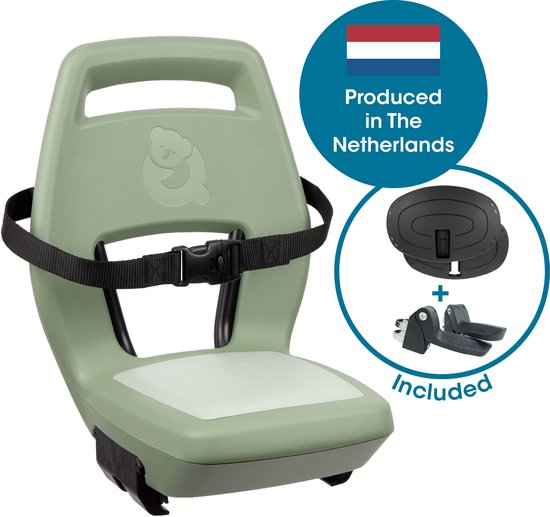 Siège enfant Qibbel arrière vert sauge, avec harnais à trois points et repose-pieds. "Produit aux Pays-Bas" avec drapeau néerlandais.