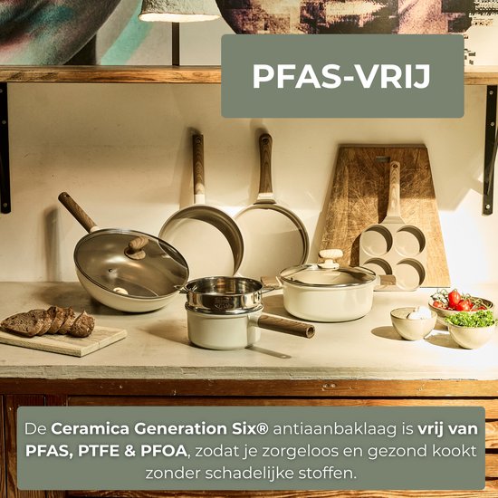Une collection de casseroles beiges à poignées en bois, y compris des poêles, des marmites et un wok. Sans PFAS.