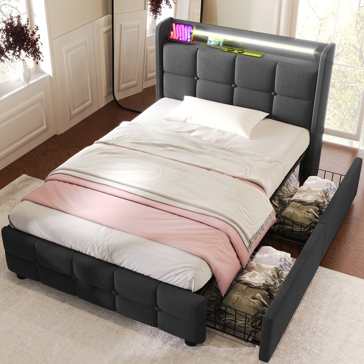 STILVORA Gestoffeerd bed 90x200cm – Eenpersoonsbed met USB & stopcontacten – LED-verlichting en 2 opberglades – Hout/Linnen – Grijs – Zonder matras