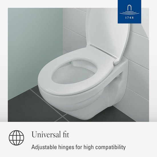 Witte toiletbril op een hangende toiletpot met verstelbare scharnieren.
