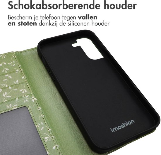 Groen telefoonhoesje met bloemenpatroon en imoshion logo.