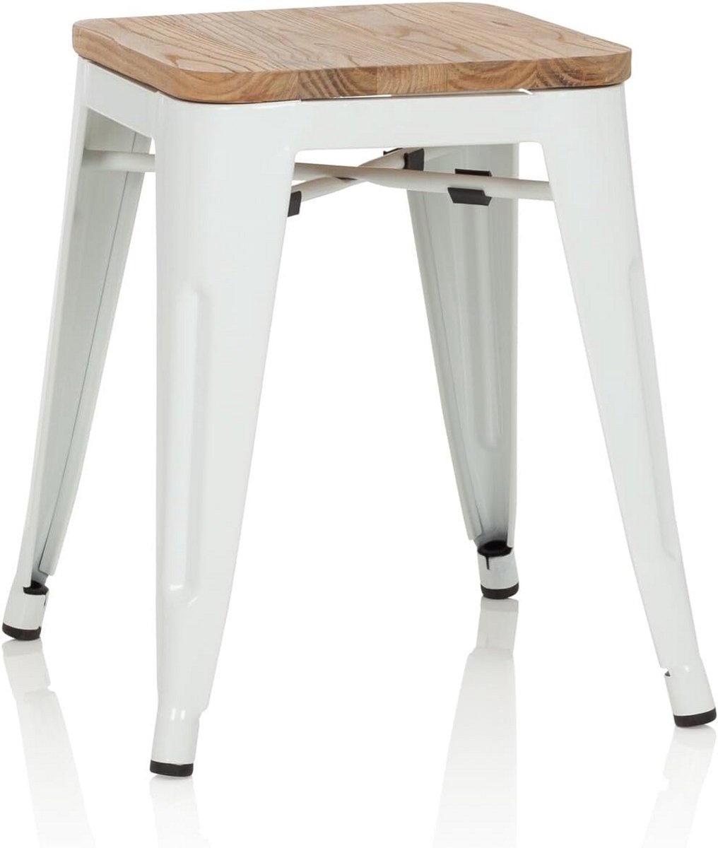 Stapelbare metalen kruk met houten zitting in industrieel design