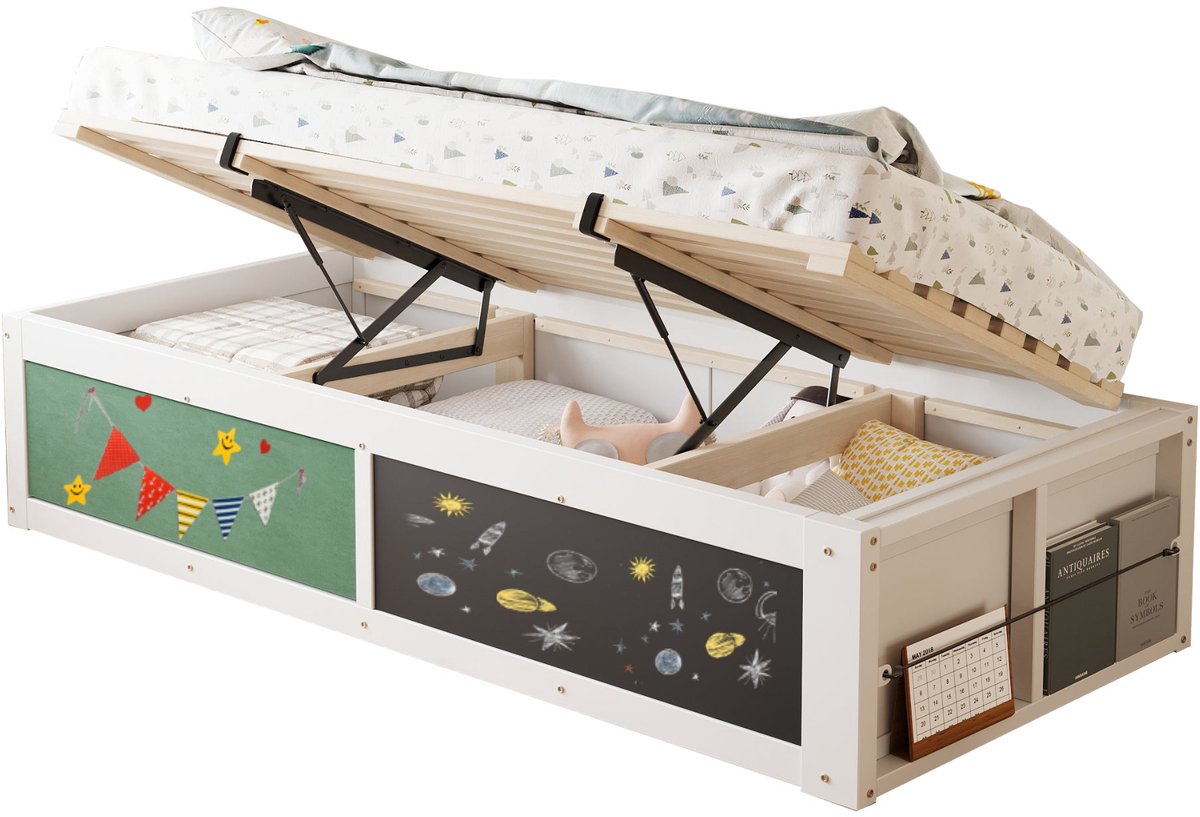 Merax Kinderbed 90x200 cm - Houten Lattenbodem - Bed met Opbergruimte met Hydraulisch Mechanisme - Boekenvak Links Rechts Monteerbaar - Krijtbord en Vilten Bord - Wit - Zonder Matras