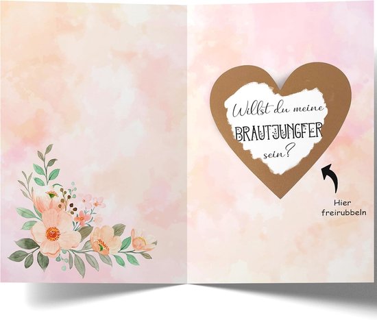 Wenskaart met roze textuur, bloemen en hart om open te krassen 'Willst du meine BRAUTJUNGFER sein?'.