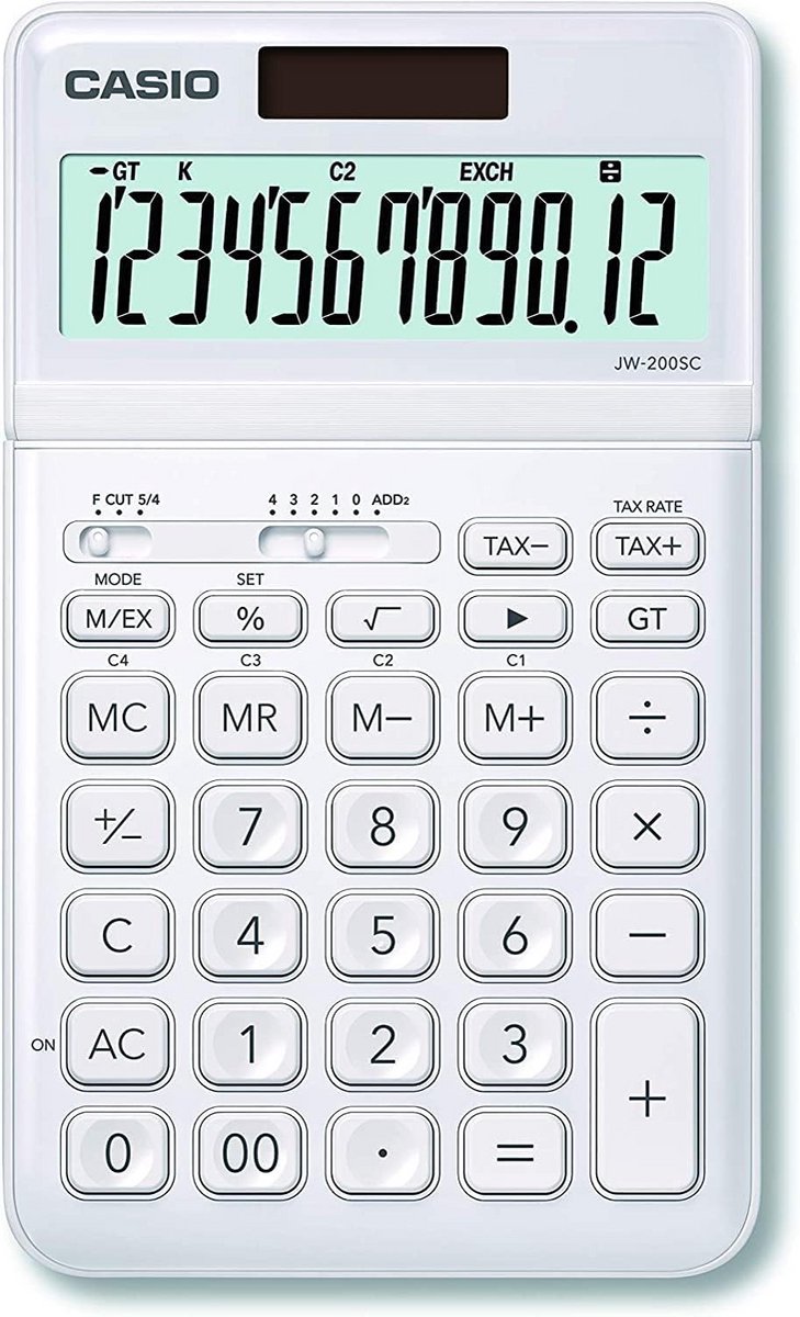 12-cijferige bureaucalculator in stijlvolle kleuren met belastingberekening en zonne-energie