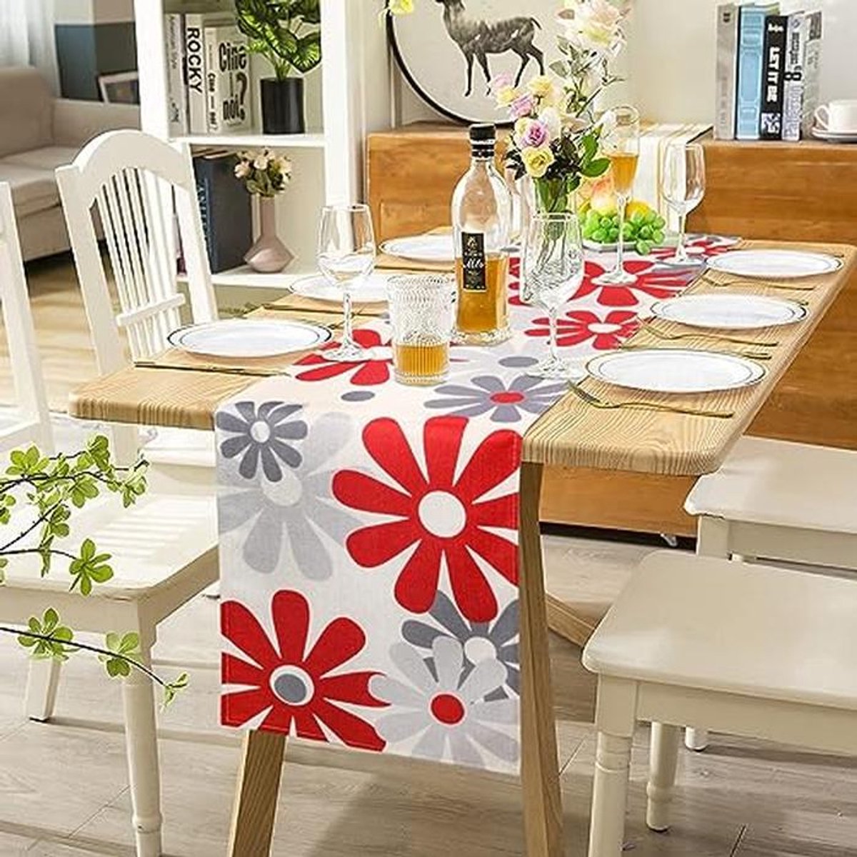 Tafelloper Rood met Bloemen, Modern en Kreukvrij, 40 x 140 cm