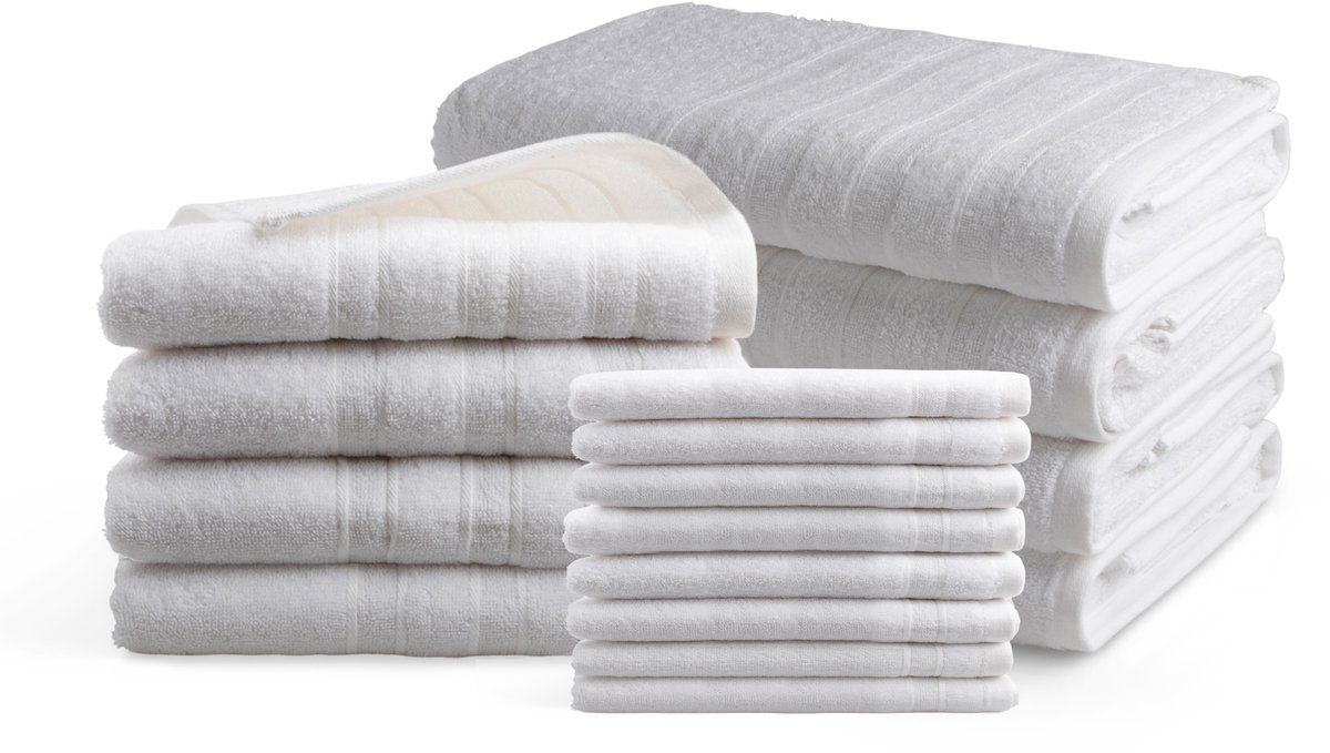 DoubleLife Handdoeken 16-delig Set - 100% Katoen, waarvan 50% Gerecyclede Katoen - GRS Gecertificeerd - Bright White